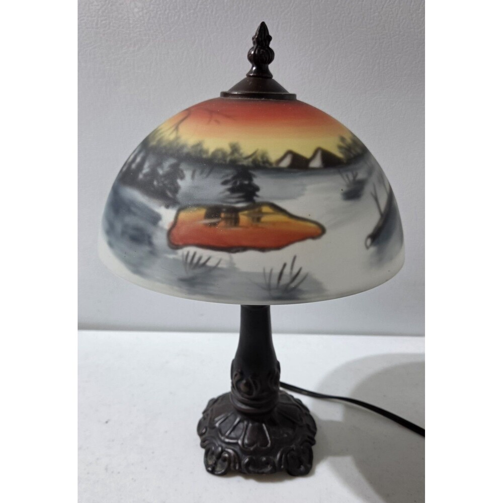 Reverse Painted Glass Table Lamp Winter Landscape Howling  Wolf 13" - Picture 3 of 5